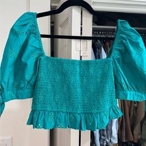 Teal Eyelet Smocked Women's Top